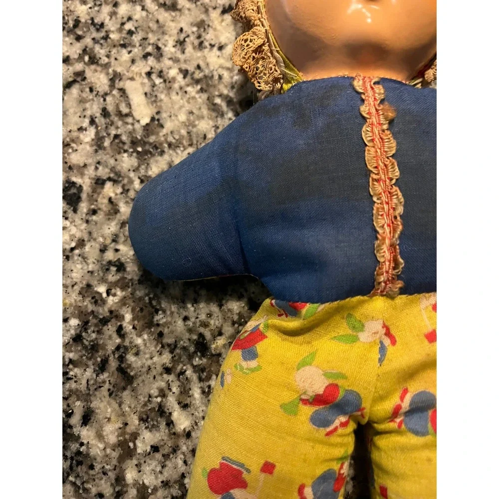 Vintage Cloth Doll Painted‎ Mask Face Lace Bonnet Blue Eyes Stuffed Toy Antique